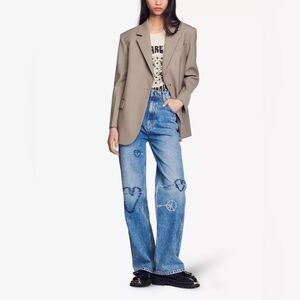 Sandro Paris Patty Heart & Peace Embroidered Wide Leg Jeans in Blue FR 36 US 4